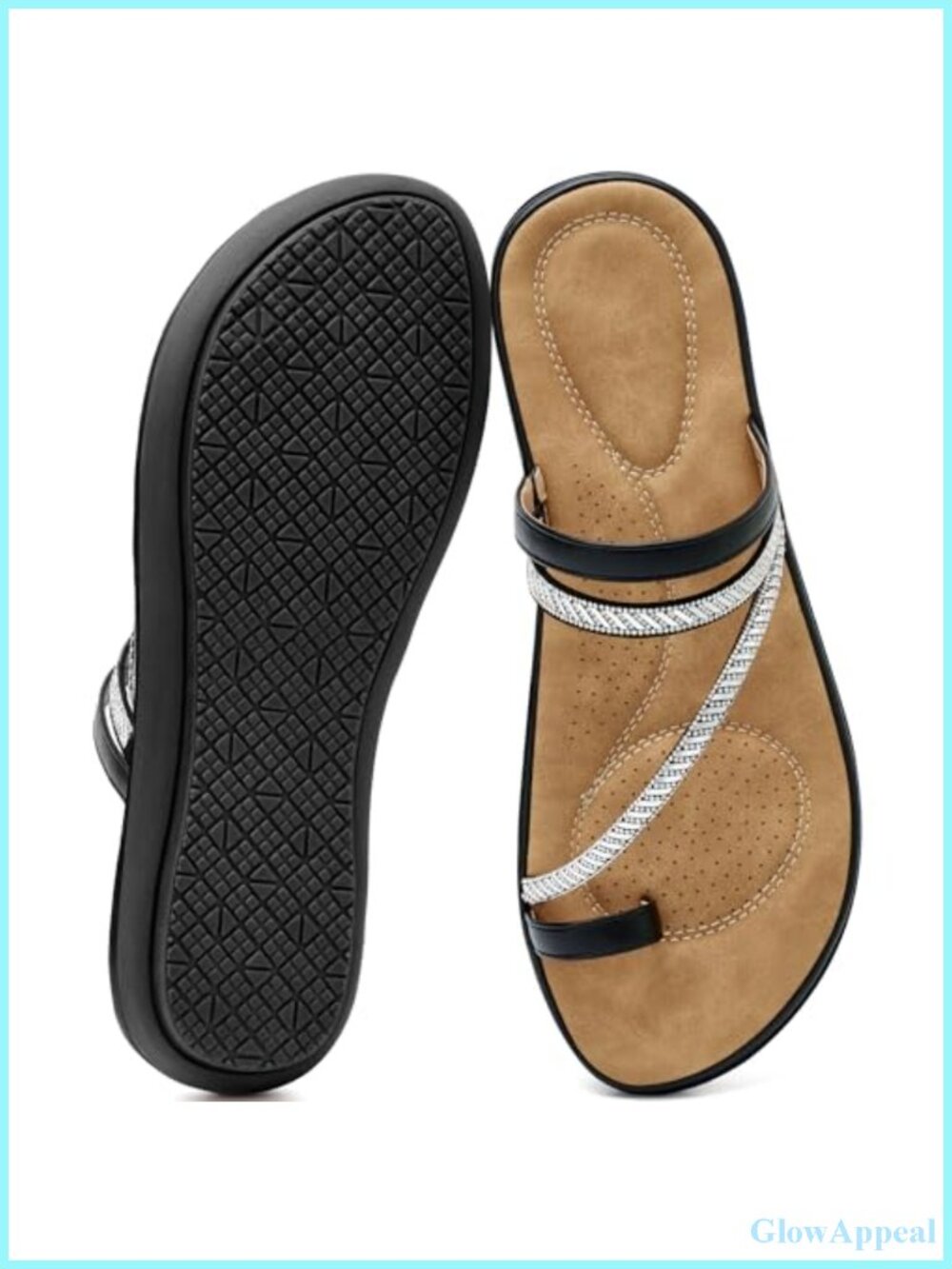 Women's Split-Toe Slide Sandals Memory Foam Faux Leather Rhinestone